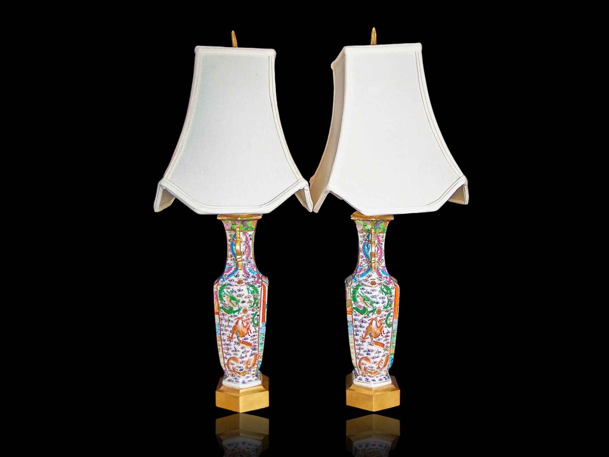 Chinese Export Pair of Chinese Famille Rose Mandarin Vases Lamps, Canton, Mounted as Lamps