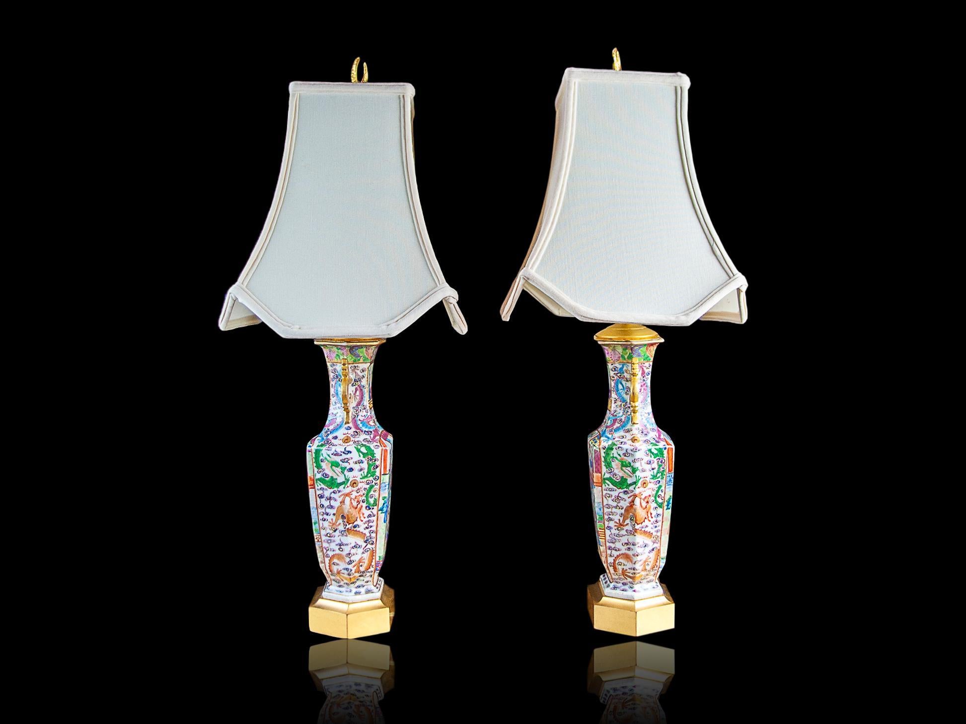 Enameled Pair of Chinese Famille Rose Mandarin Vases Lamps, Canton, Mounted as Lamps