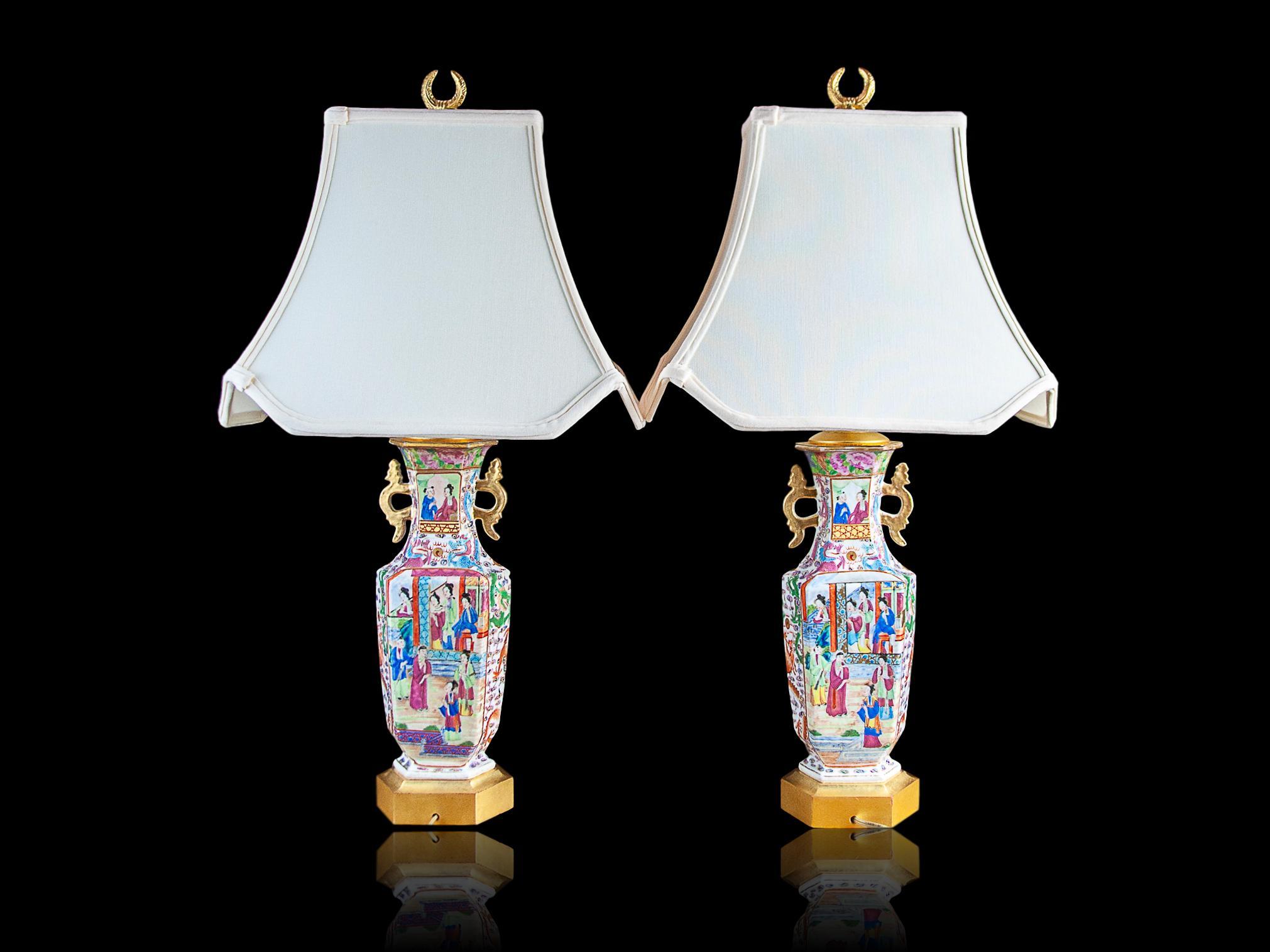 Pair of Chinese Famille Rose Mandarin Vases Lamps, Canton, Mounted as Lamps In Good Condition In Banner Elk, NC