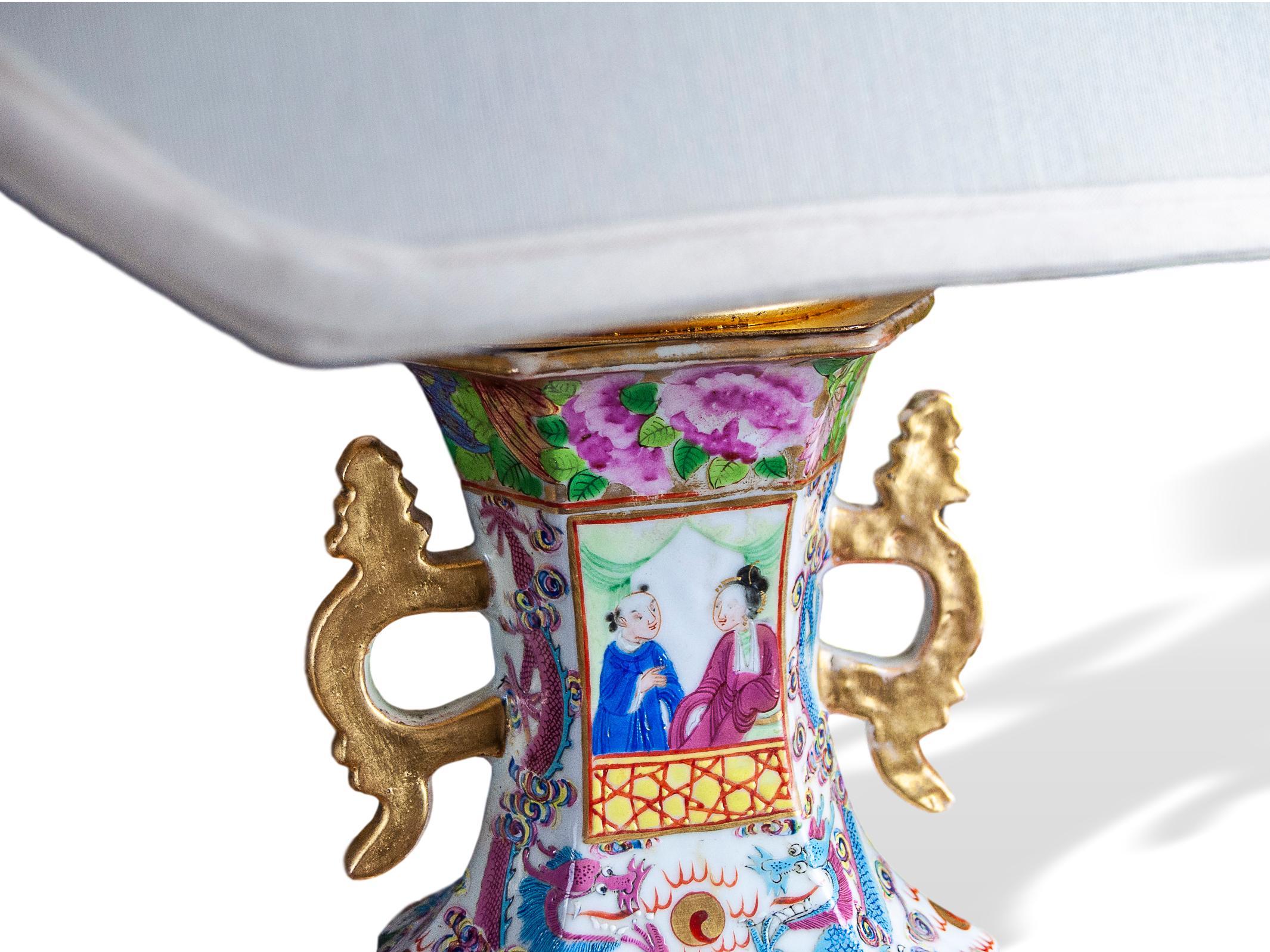 Mid-19th Century Pair of Chinese Famille Rose Mandarin Vases Lamps, Canton, Mounted as Lamps