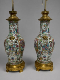 Pair, Chinese Famille Rose Medallion Porcelain and Gilt-Bronze Lamps