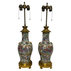 Pair, Chinese Famille Rose Medallion Porcelain and Gilt-Bronze Lamps