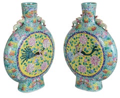 Pair Chinese Famille Rose Moon flasks, C19th, 50cm high
