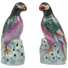 Antique Pair of Chinese Famille Rose Parrots