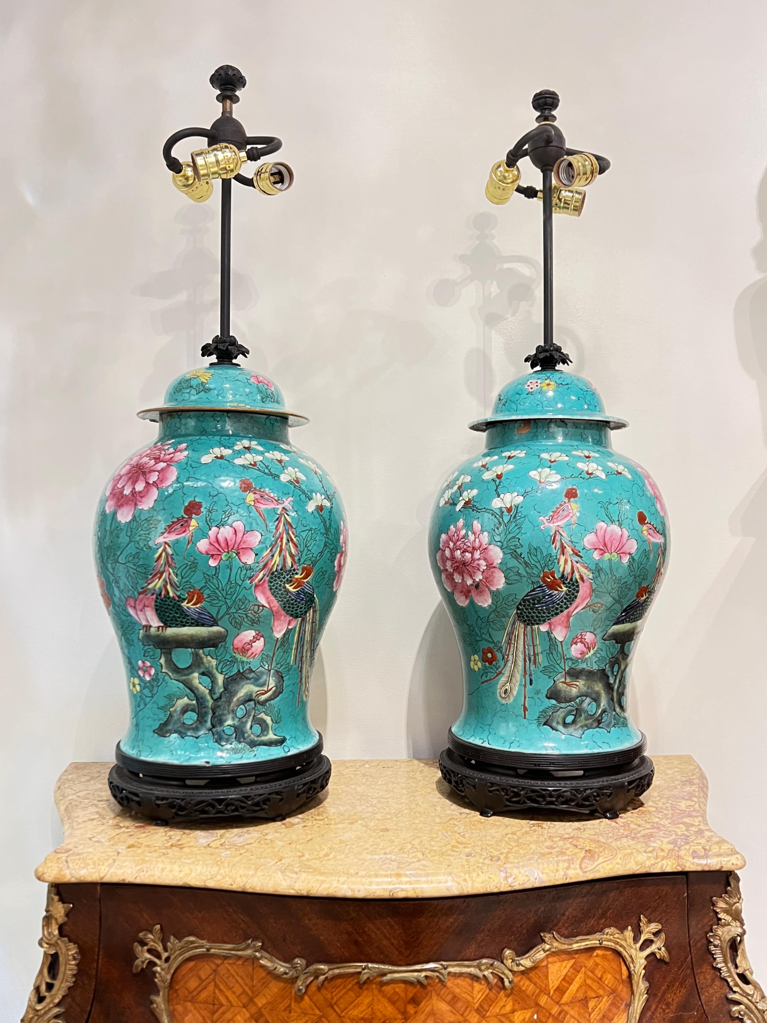 Pair Chinese Famille Rose Porcelain and Patinated Bronze Table Lamps In Good Condition For Sale In New York, NY