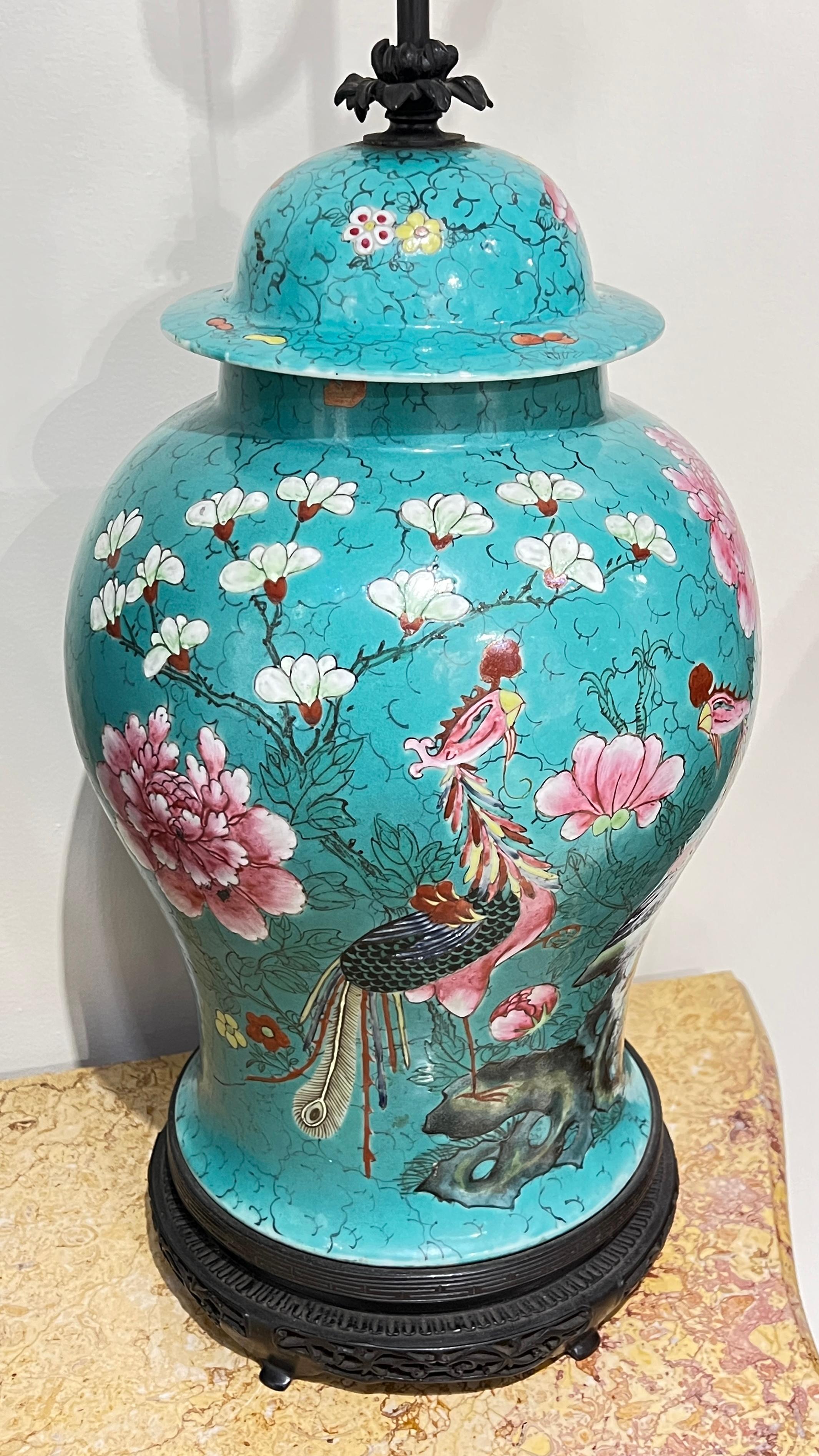 20th Century Pair Chinese Famille Rose Porcelain and Patinated Bronze Table Lamps For Sale