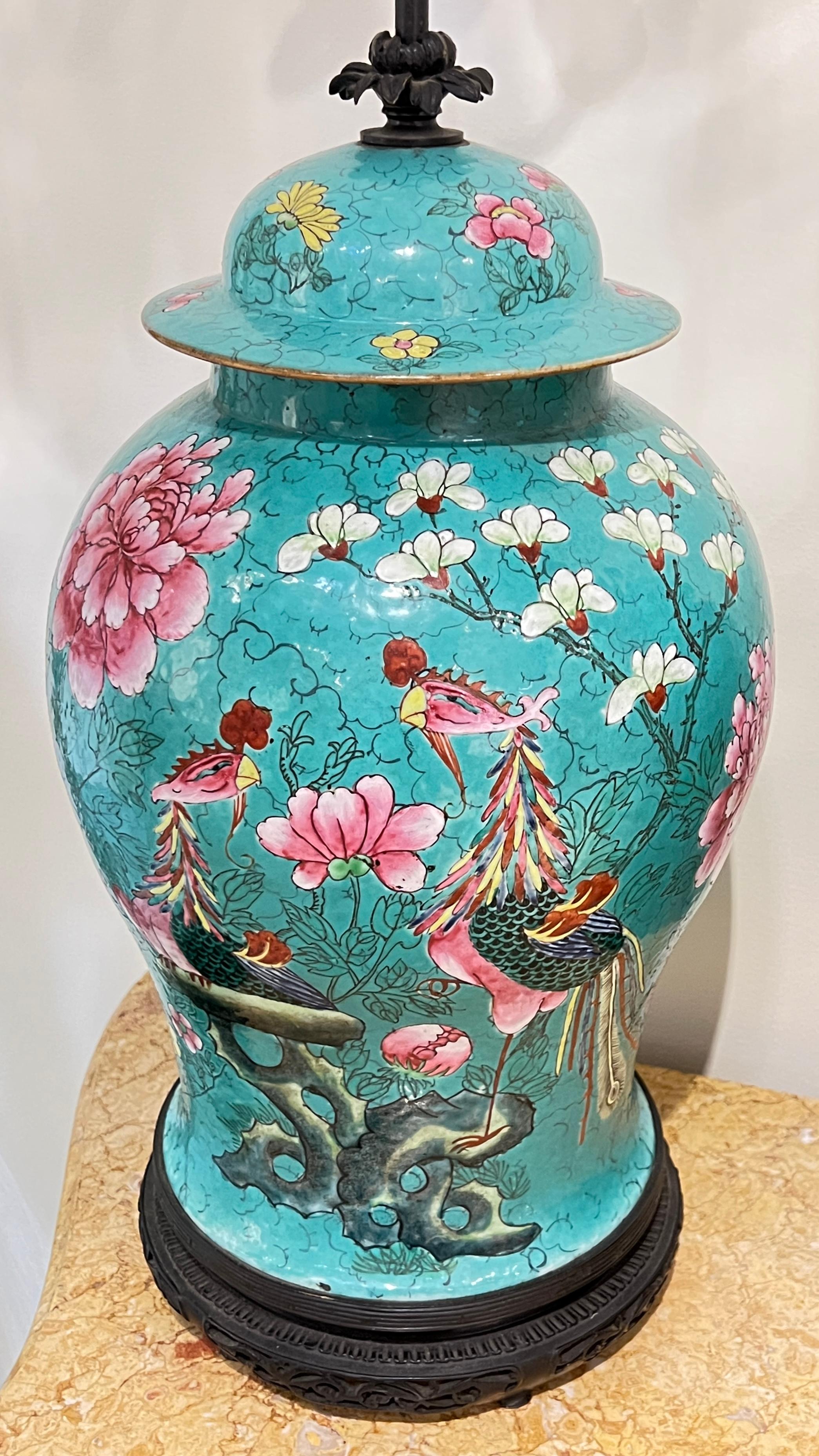 Pair Chinese Famille Rose Porcelain and Patinated Bronze Table Lamps For Sale 1