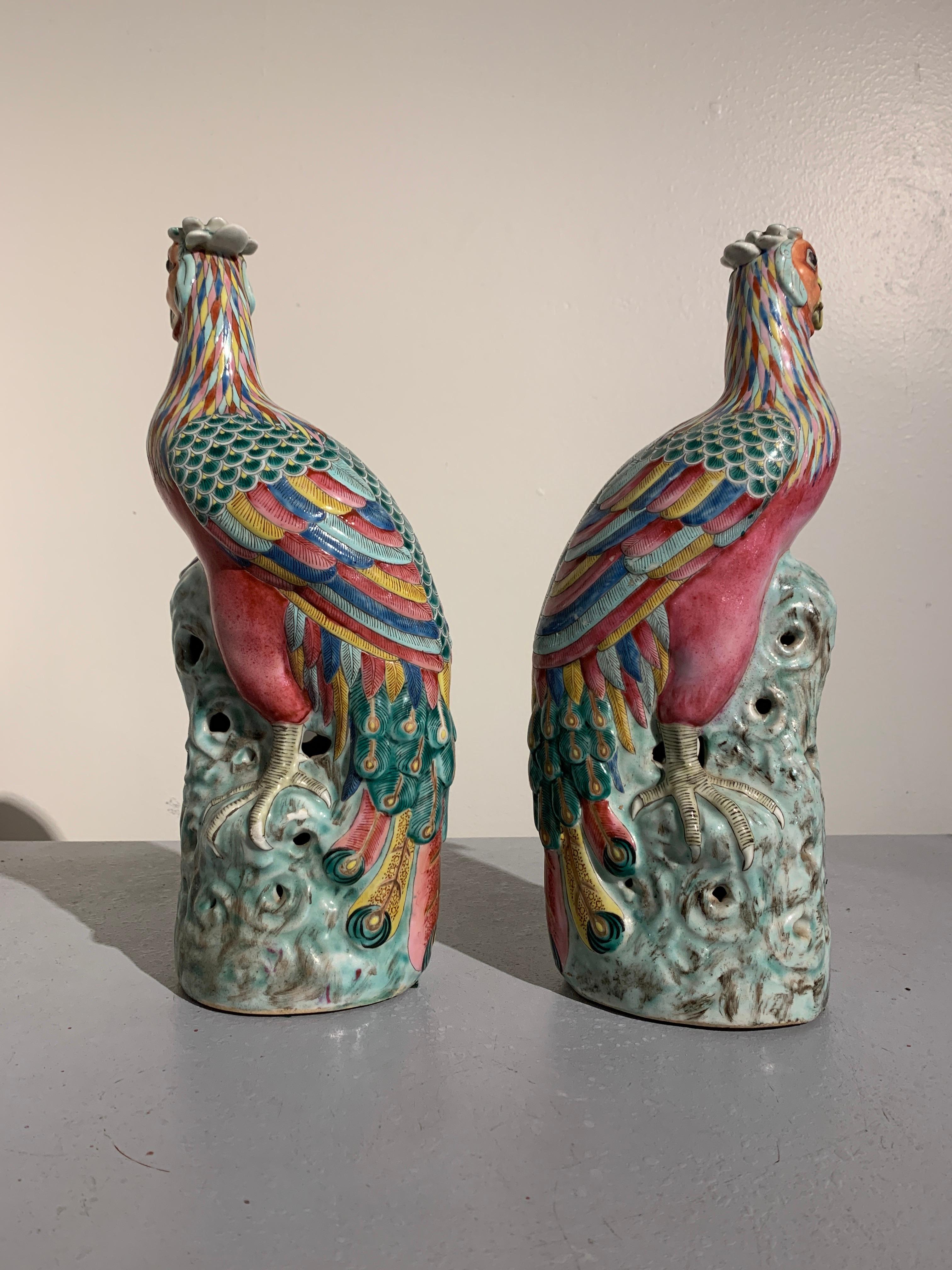 Glazed Chinese Famille Rose Porcelain Phoenix, Republic Period Early 20th Century, Pair