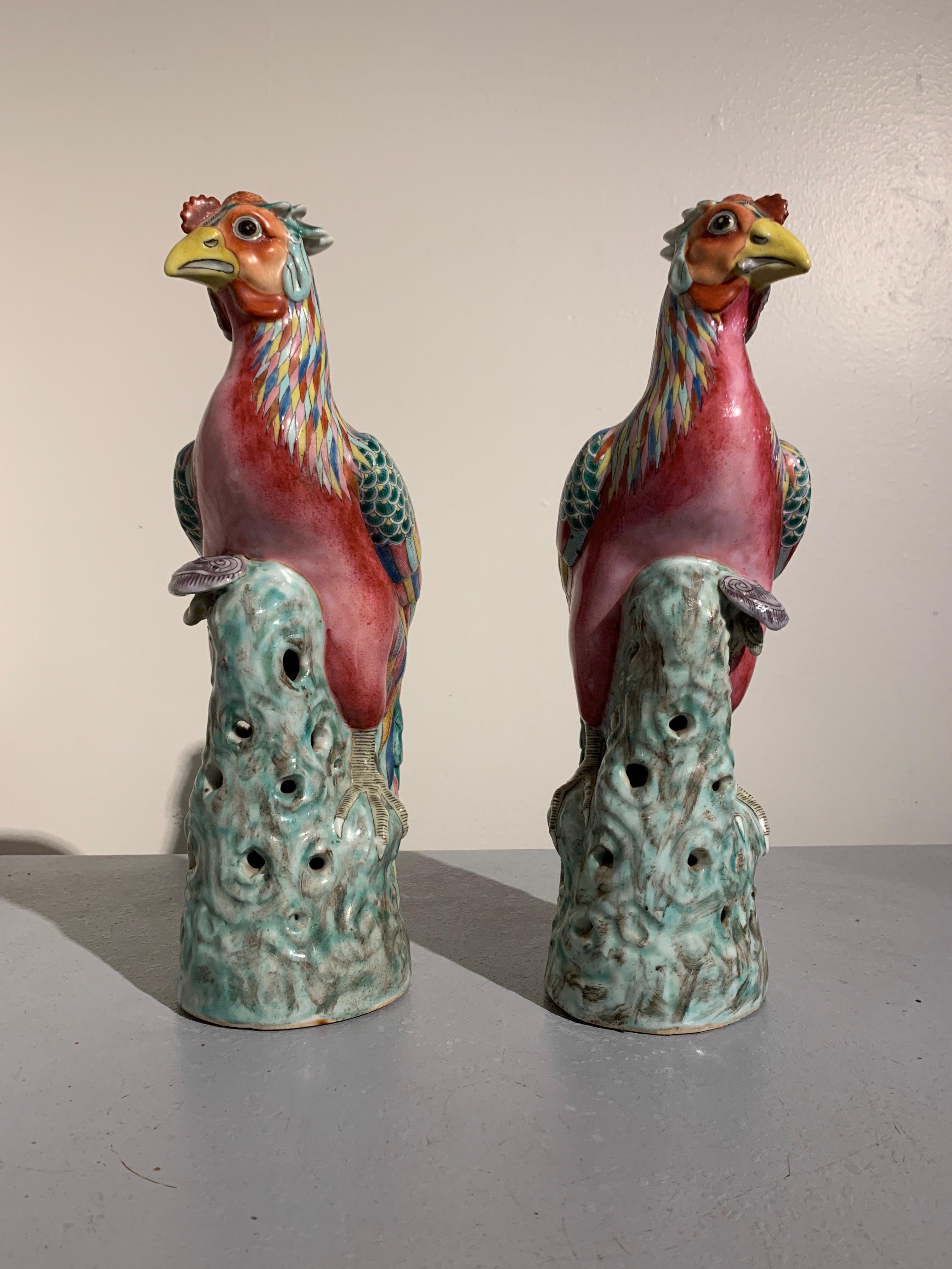 Chinese Famille Rose Porcelain Phoenix, Republic Period Early 20th Century, Pair In Fair Condition In Austin, TX