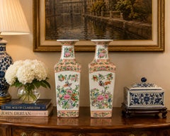 Pair Chinese Famille Rose Porcelain Square Baluster Vases, Birds and Butterflies