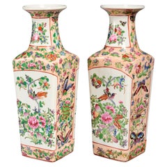 Pair Chinese Famille Rose Porcelain Square Baluster Vases, Birds and Butterflies