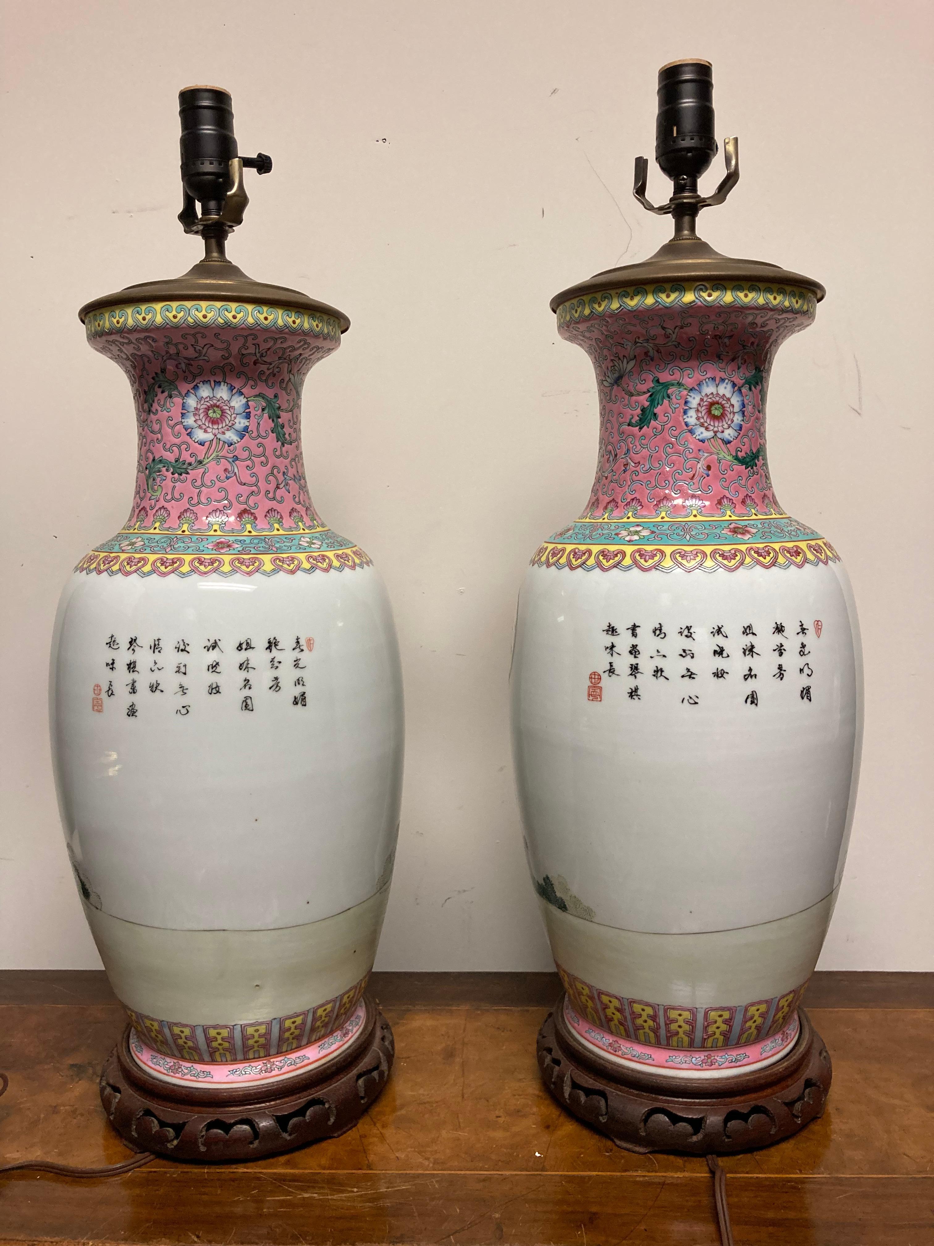 Pair Chinese Famille Rose Rouleau Vase Lamps 4