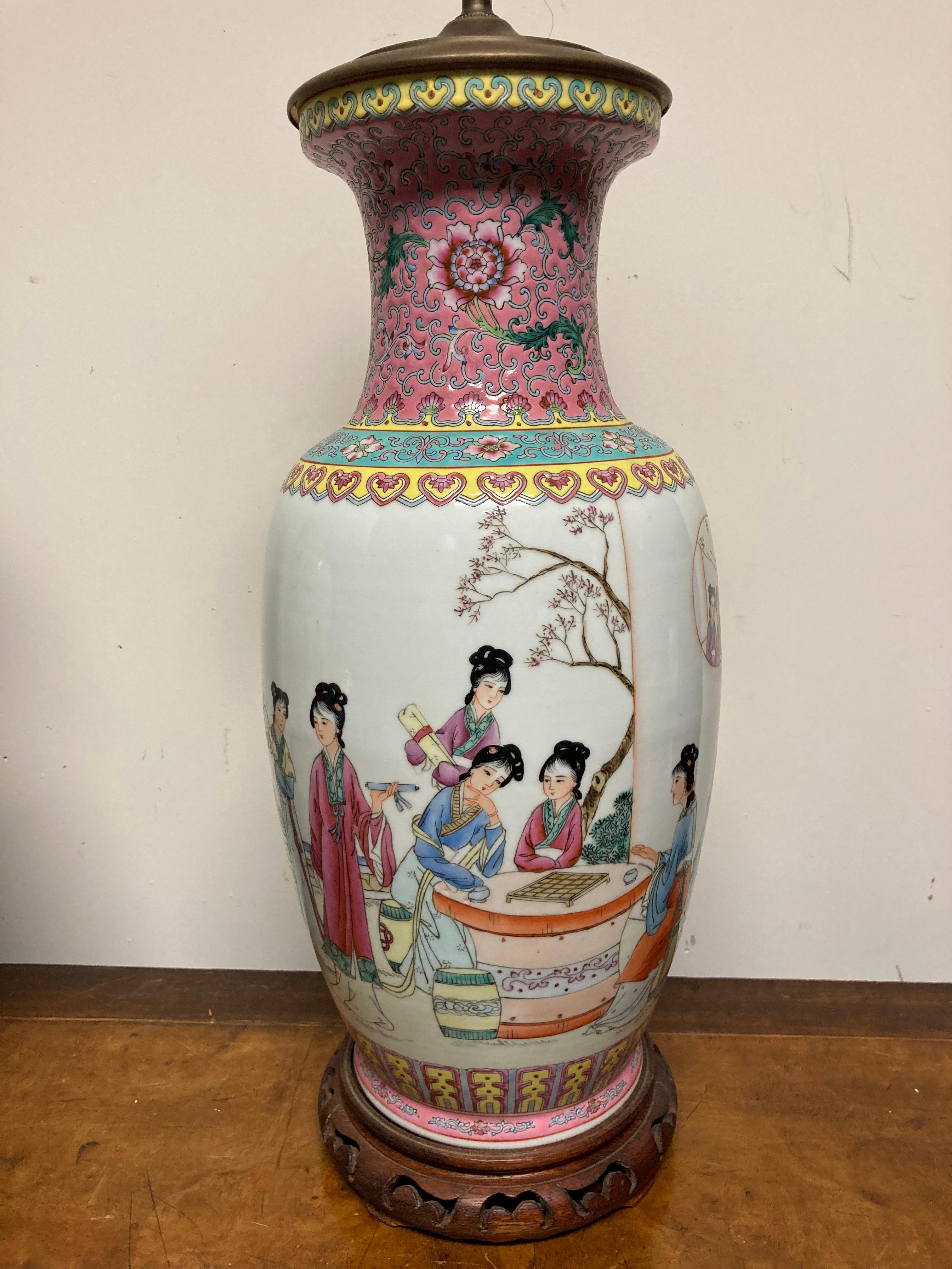 Pair Chinese Famille Rose Rouleau Vase Lamps 6
