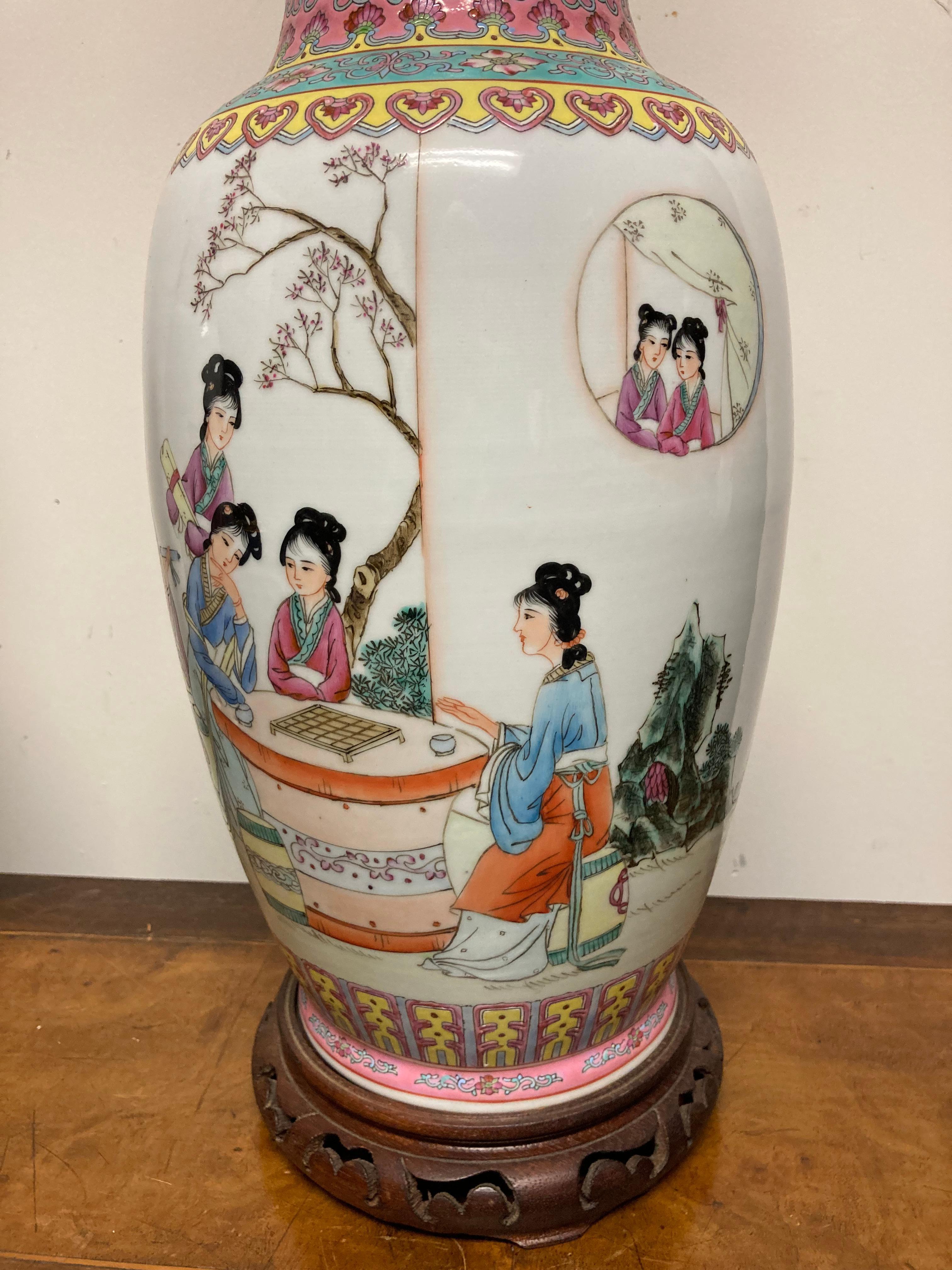 Pair Chinese Famille Rose Rouleau Vase Lamps 8