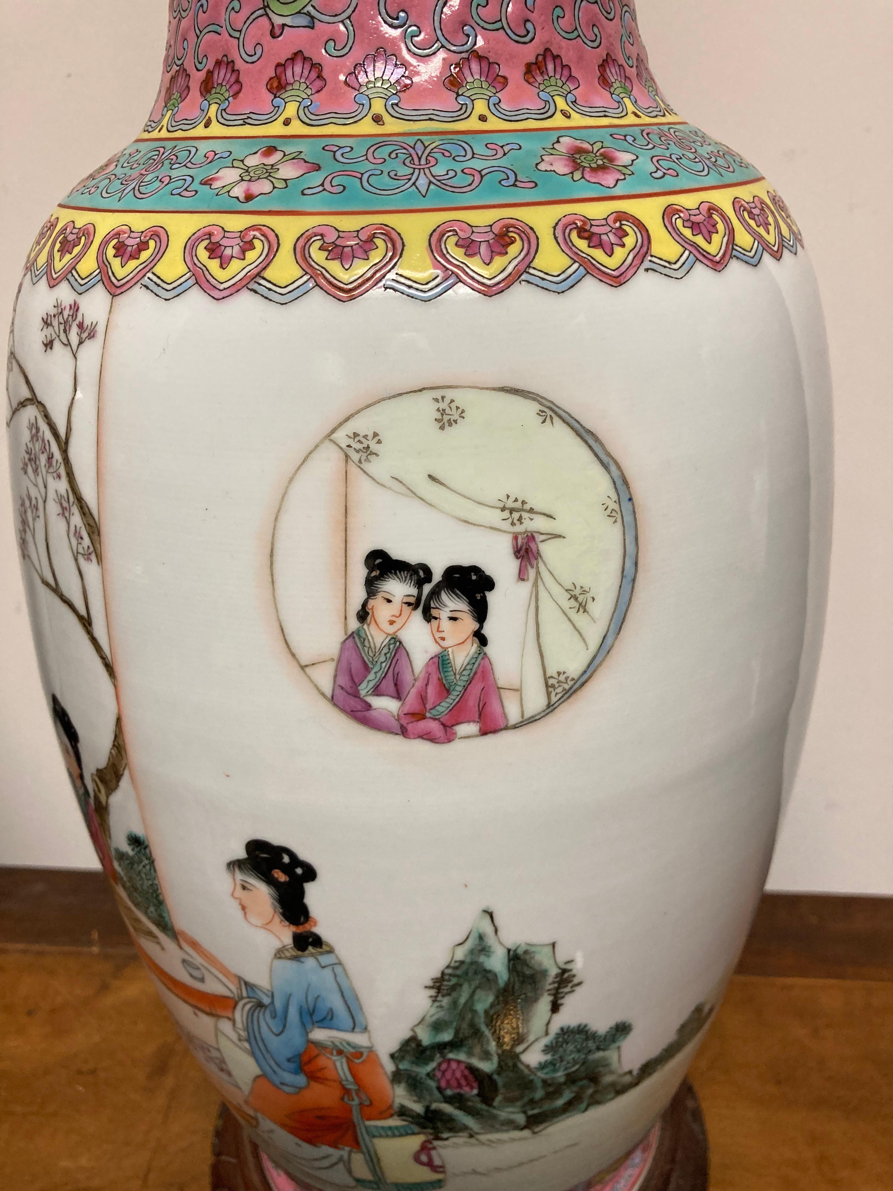 Pair Chinese Famille Rose Rouleau Vase Lamps 9