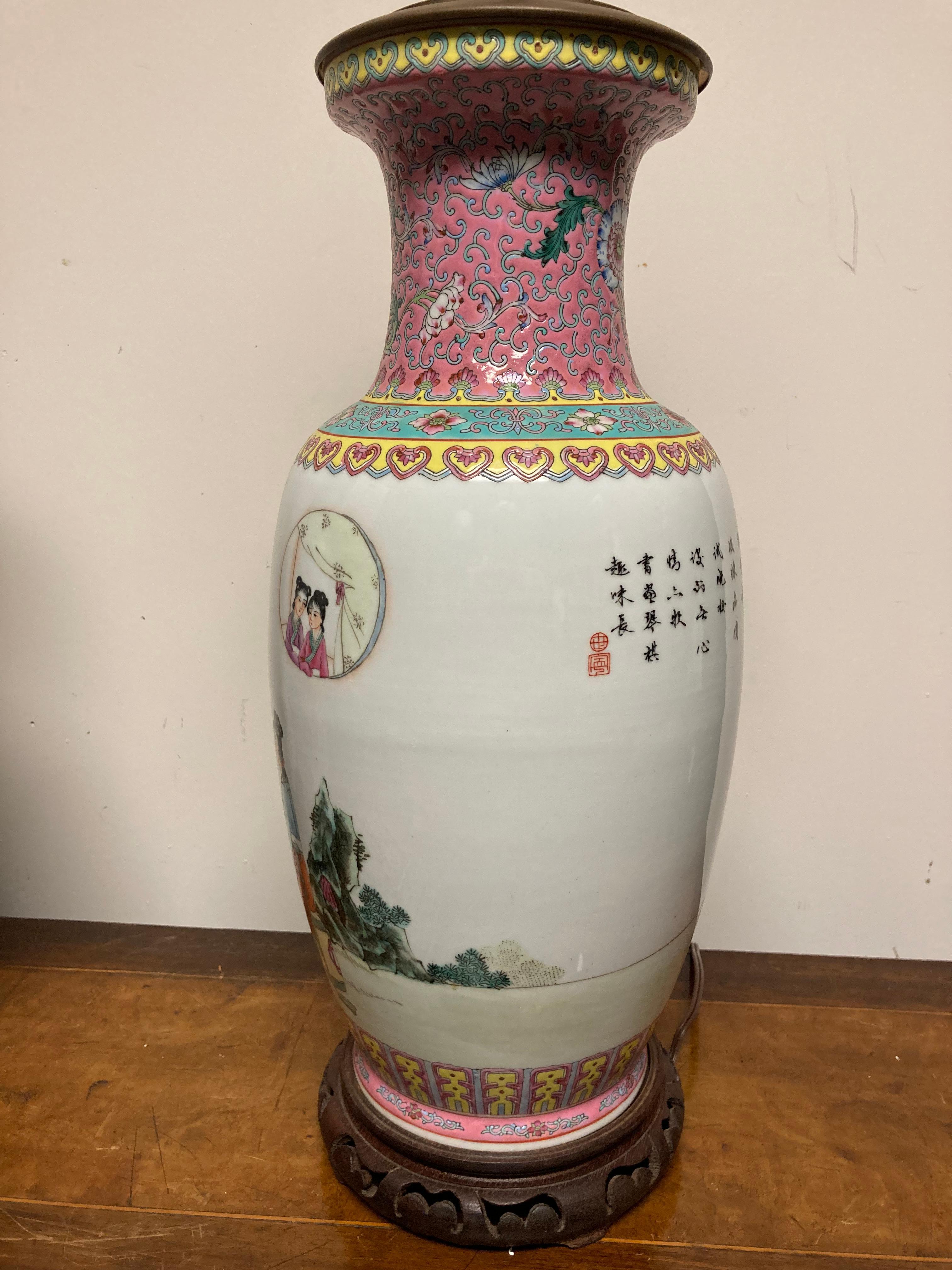 Pair Chinese Famille Rose Rouleau Vase Lamps 10