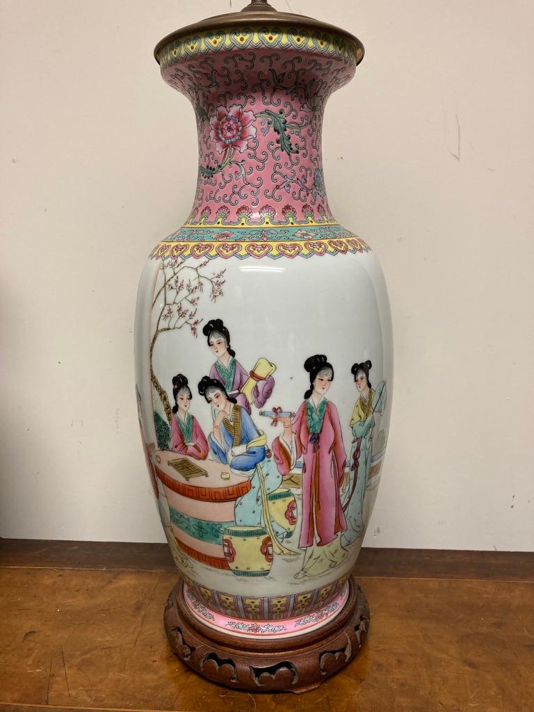 Chinese Export Pair Chinese Famille Rose Rouleau Vase Lamps