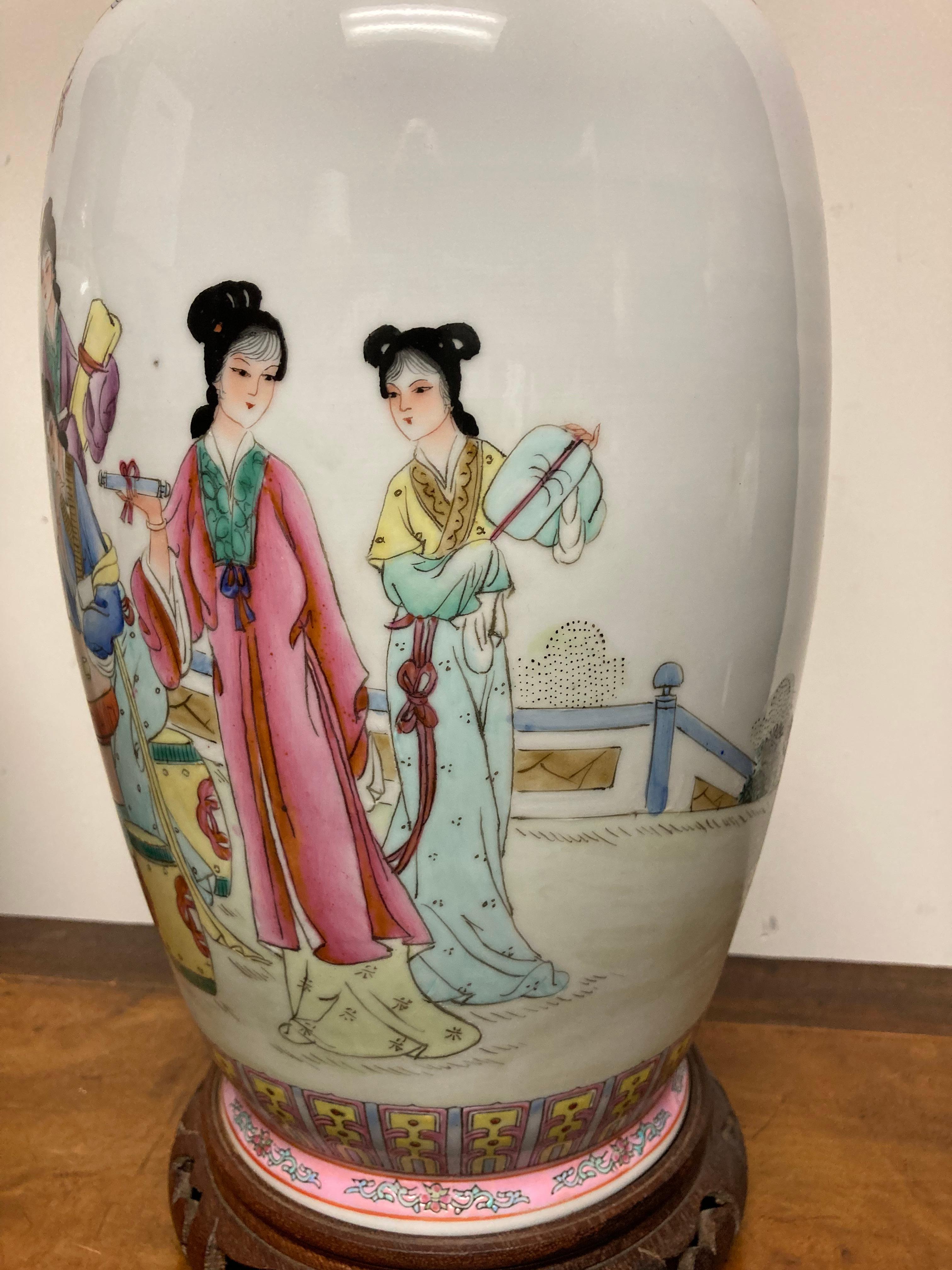 Pair Chinese Famille Rose Rouleau Vase Lamps In Good Condition In Stamford, CT