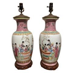 Antique Pair Chinese Famille Rose Rouleau Vase Lamps