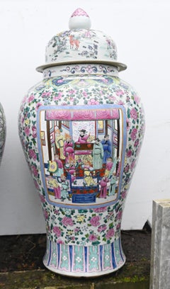 Pair Chinese Famille Rose Urns Canton Lidded Vases 4ft 114 CM