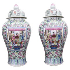 Pair Chinese Famille Rose Urns Canton Lidded Vases 4ft 114 CM