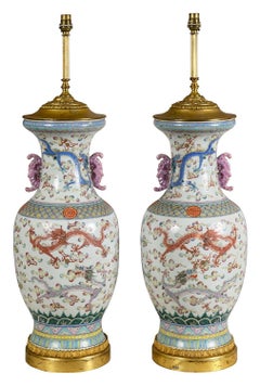 Pair Chinese famille Rose vases / lamps, C19th.