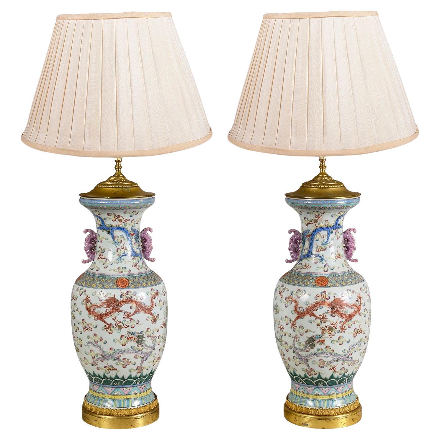 Pair Chinese famille Rose vases / lamps, C19th.