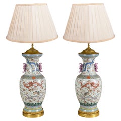 Pair Chinese famille Rose vases / lamps, C19th.