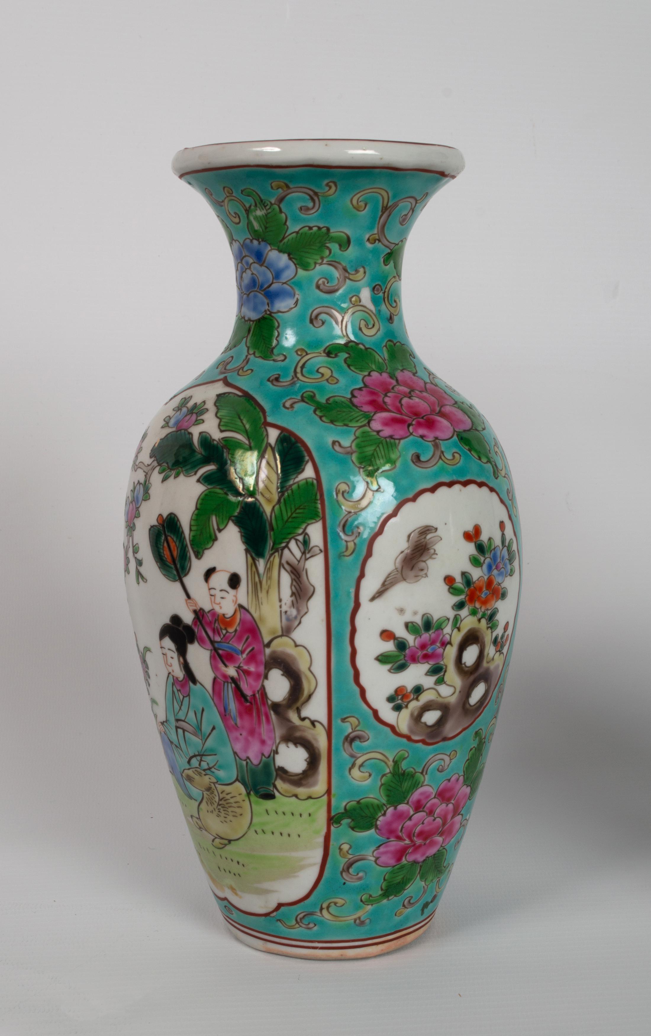 20th Century Pair Chinese Famille Rose with Turquoise Ground Vases, C.1940 For Sale