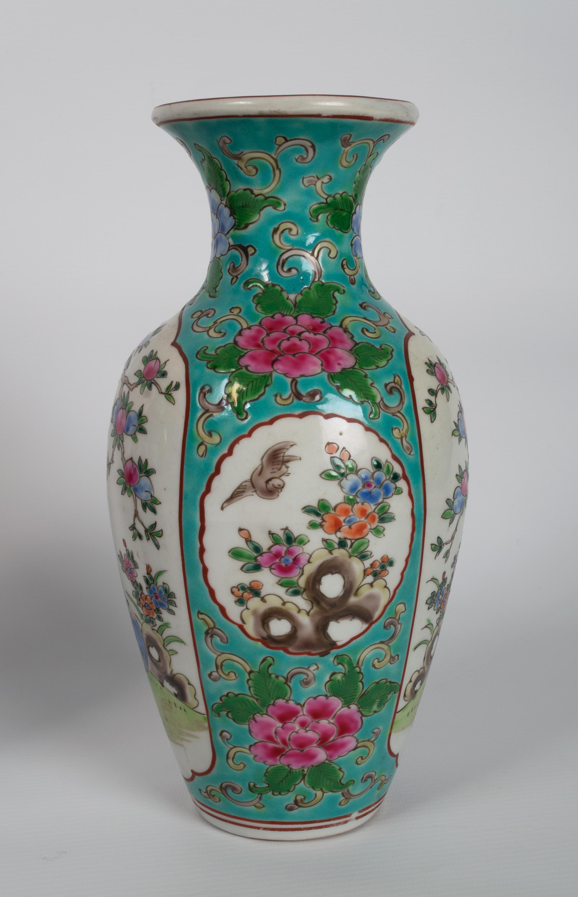 Pair Chinese Famille Rose with Turquoise Ground Vases, C.1940 For Sale 1