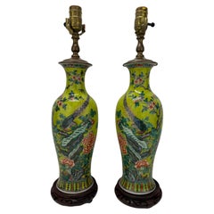 Pair, Chinese Famille Verte Porcelain & Enamel Decorated Vases - Now Lamps