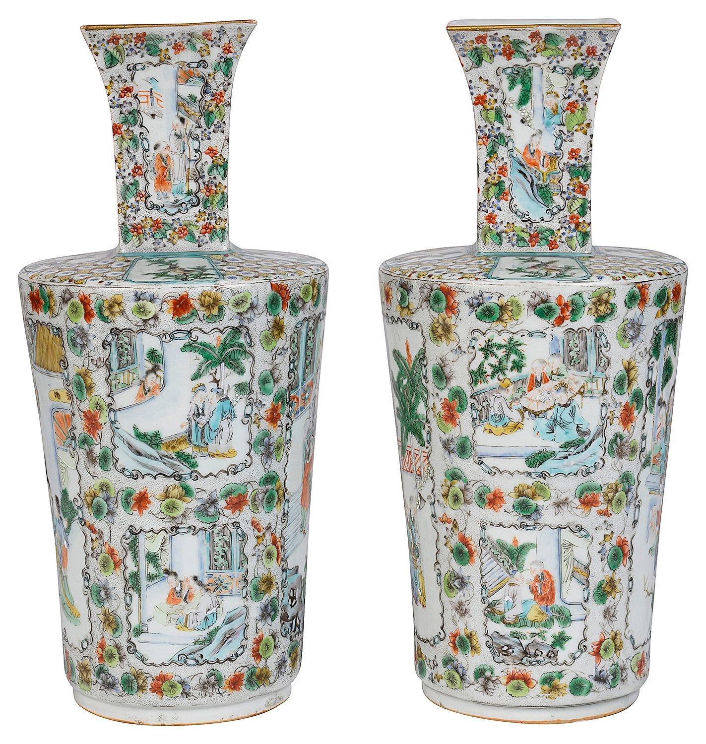 Hand-Painted Pair Chinese Famille Verte vases / lamps, circa 1880 For Sale