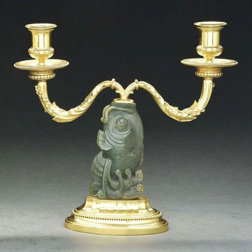 Chinoiserie Pair Chinese Fish Form Carved Jade and Gilt Silver Candelabra from Cartier For Sale