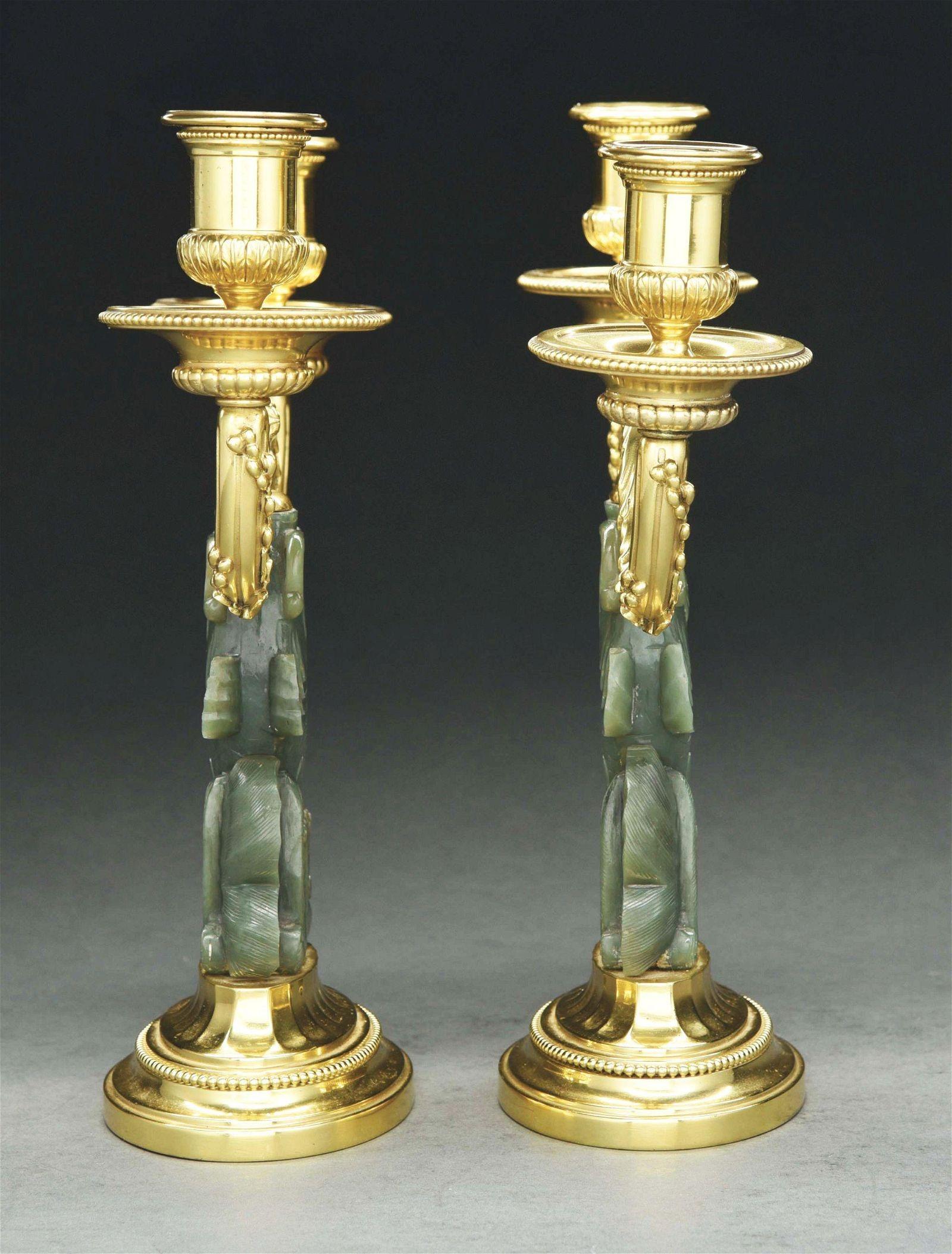 French Pair Chinese Fish Form Carved Jade and Gilt Silver Candelabra from Cartier For Sale