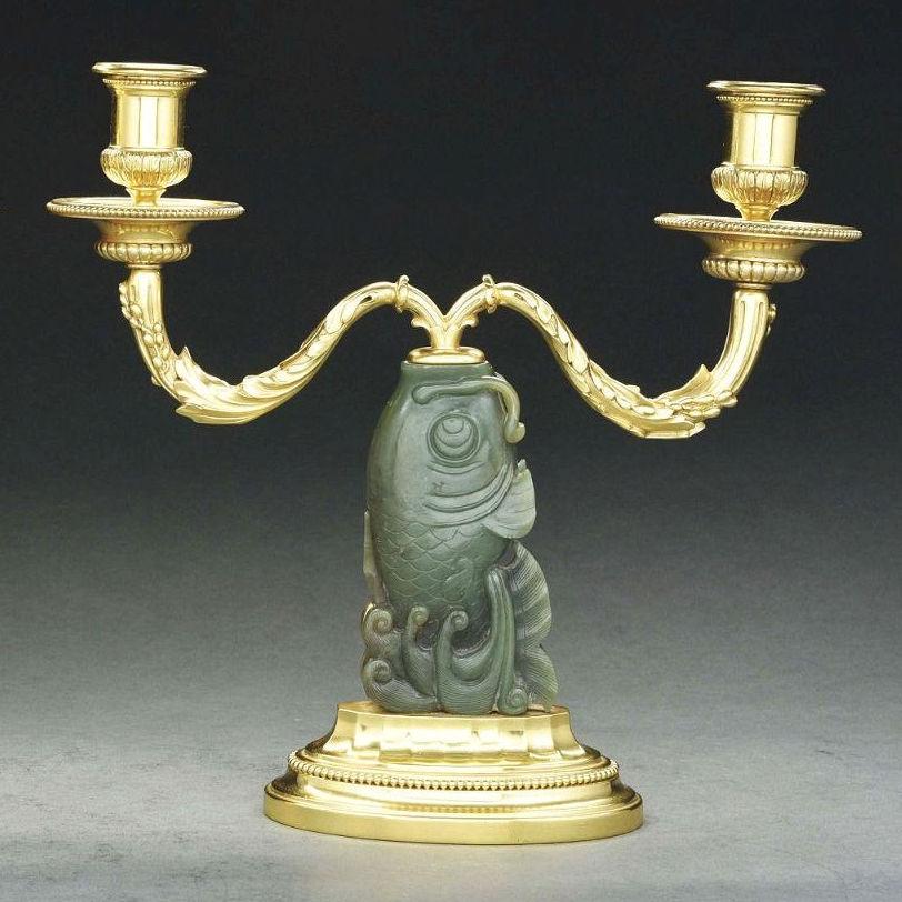 Pair Chinese Fish Form Carved Jade and Gilt Silver Candelabra from Cartier In Good Condition For Sale In New York, US