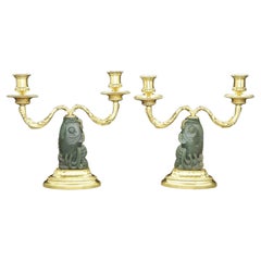 Vintage Pair Chinese Fish Form Carved Jade and Gilt Silver Candelabra from Cartier