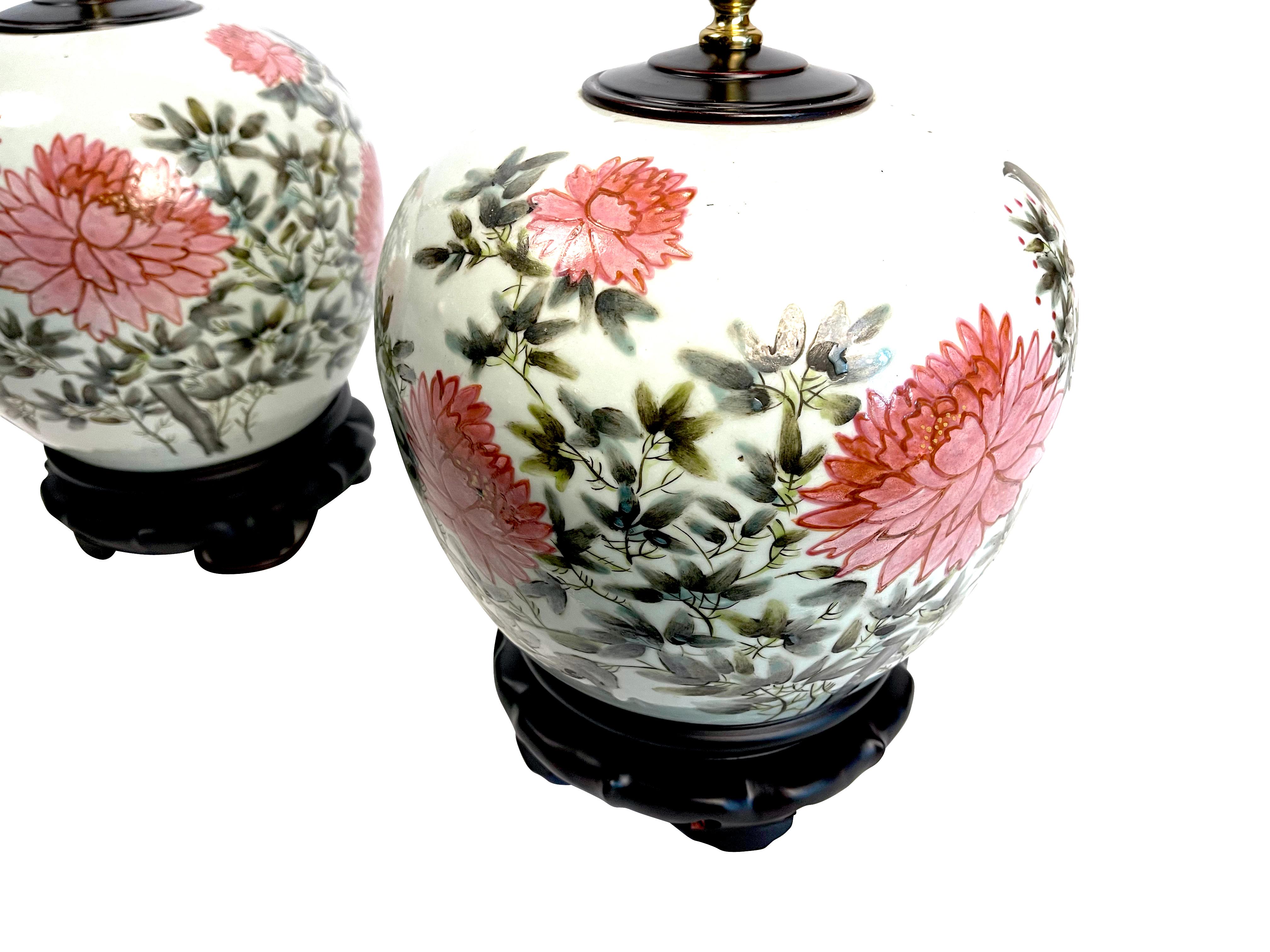 Pair of Chinese Ginger Jar Chrysanthemum Porcelain Lamps 2