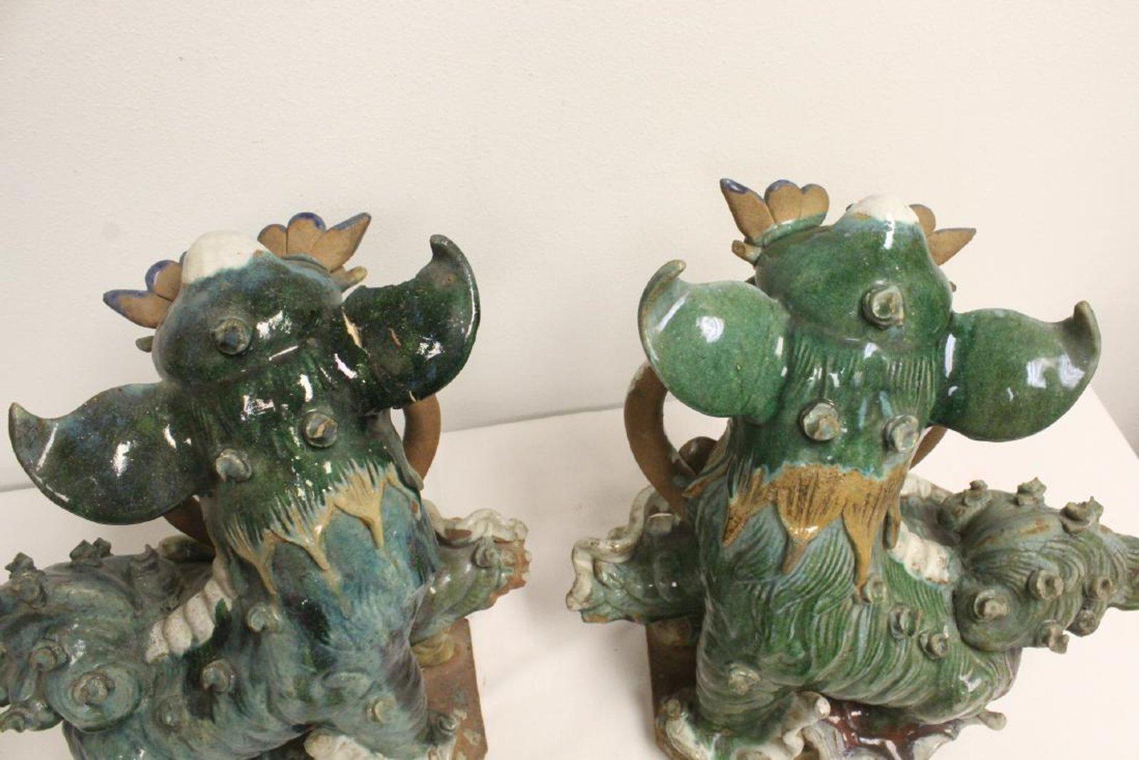 Pair Chinese Glazed Pottery Fu Lions, Mid-20th Century In Good Condition In Cypress, CA