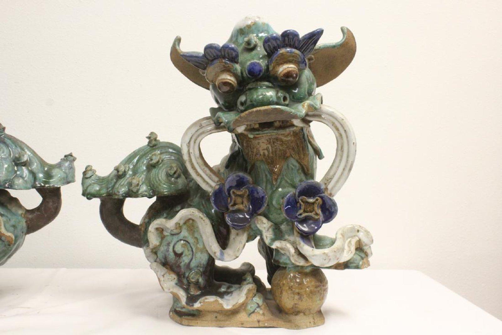 Pair Chinese Glazed Pottery Fu Lions, Mid-20th Century 1