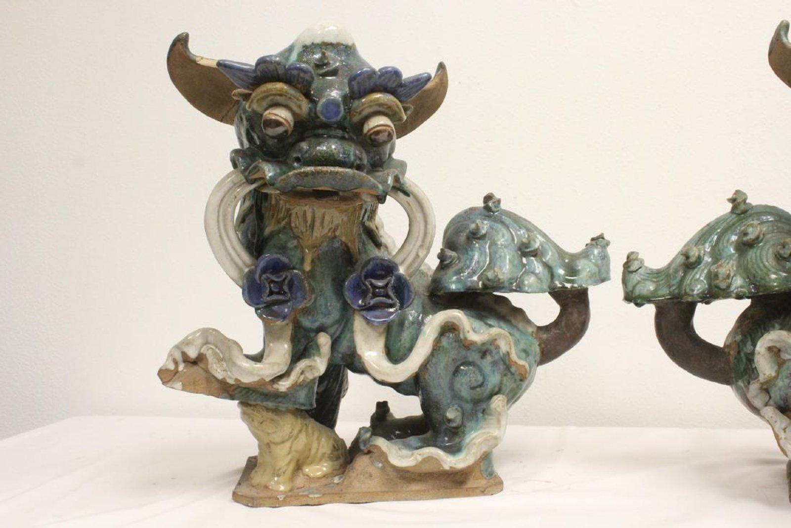 Pair Chinese Glazed Pottery Fu Lions, Mid-20th Century 2