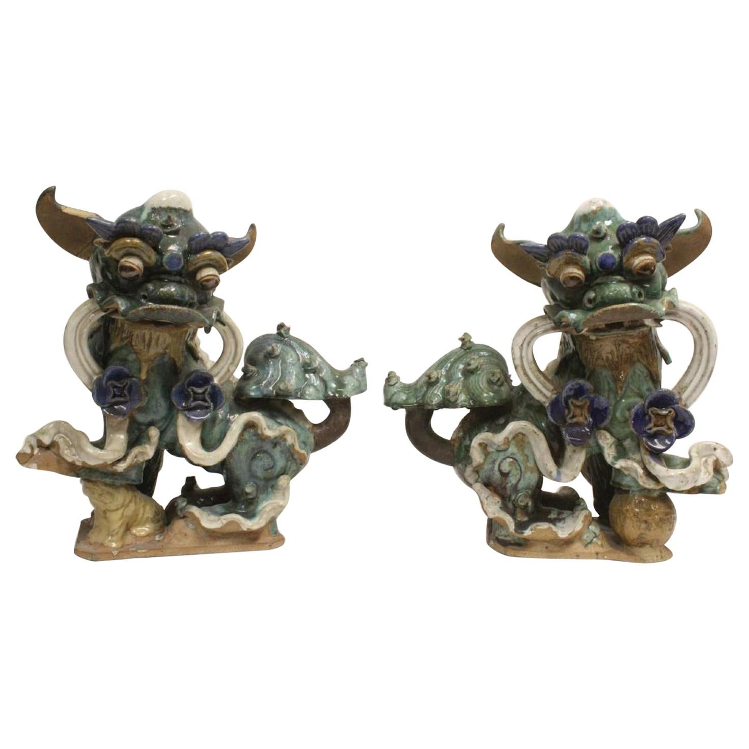 Pair Chinese Glazed Pottery Fu Lions, Mid-20th Century