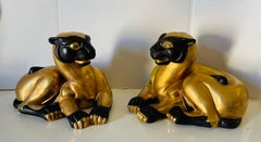 Pair Antique Gold Bastet Goddess of Women Cat Figurines Porcelain Sculptures
