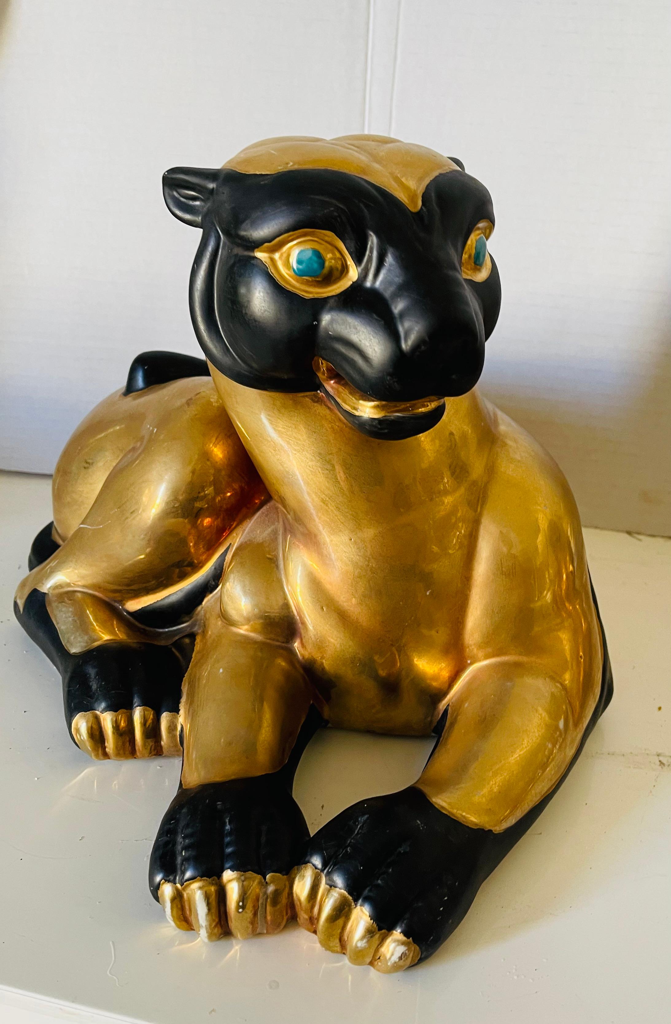 Macanese Pair Antique Gold Bastet Goddess of Women Cat Figurines Porcelain Sculptures For Sale