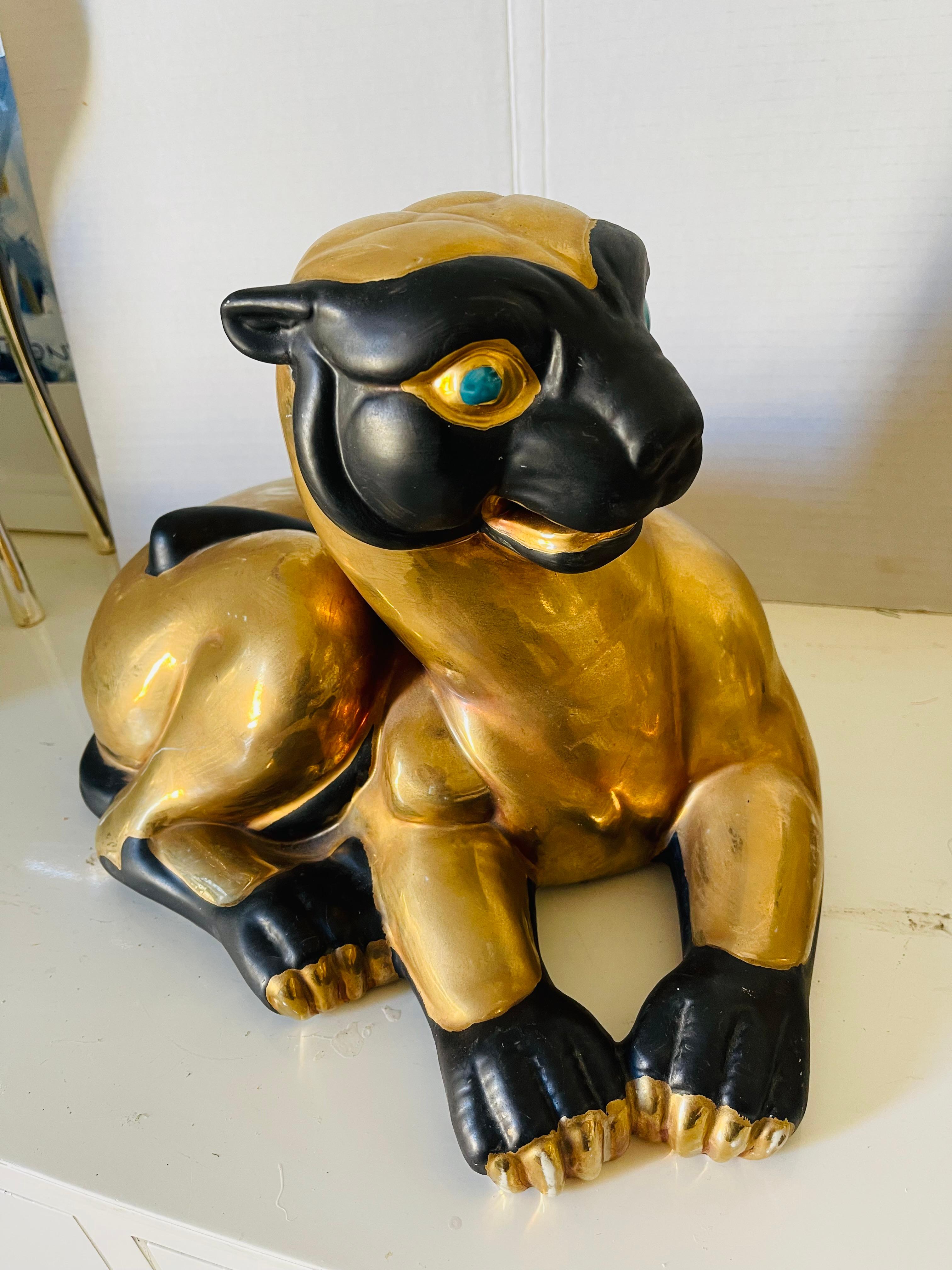 Early 20th Century Pair Antique Gold Bastet Goddess of Women Cat Figurines Porcelain Sculptures For Sale