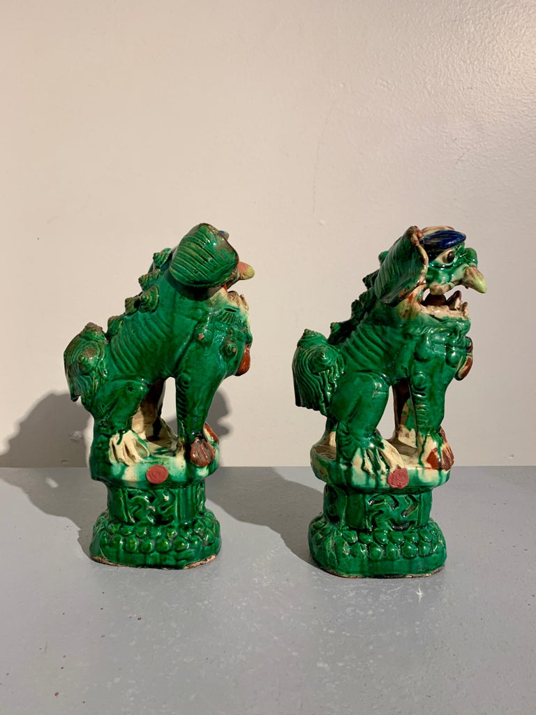 Pair Chinese Green Glazed Foo Dogs, Qing Dynasty, circa 1900, China at