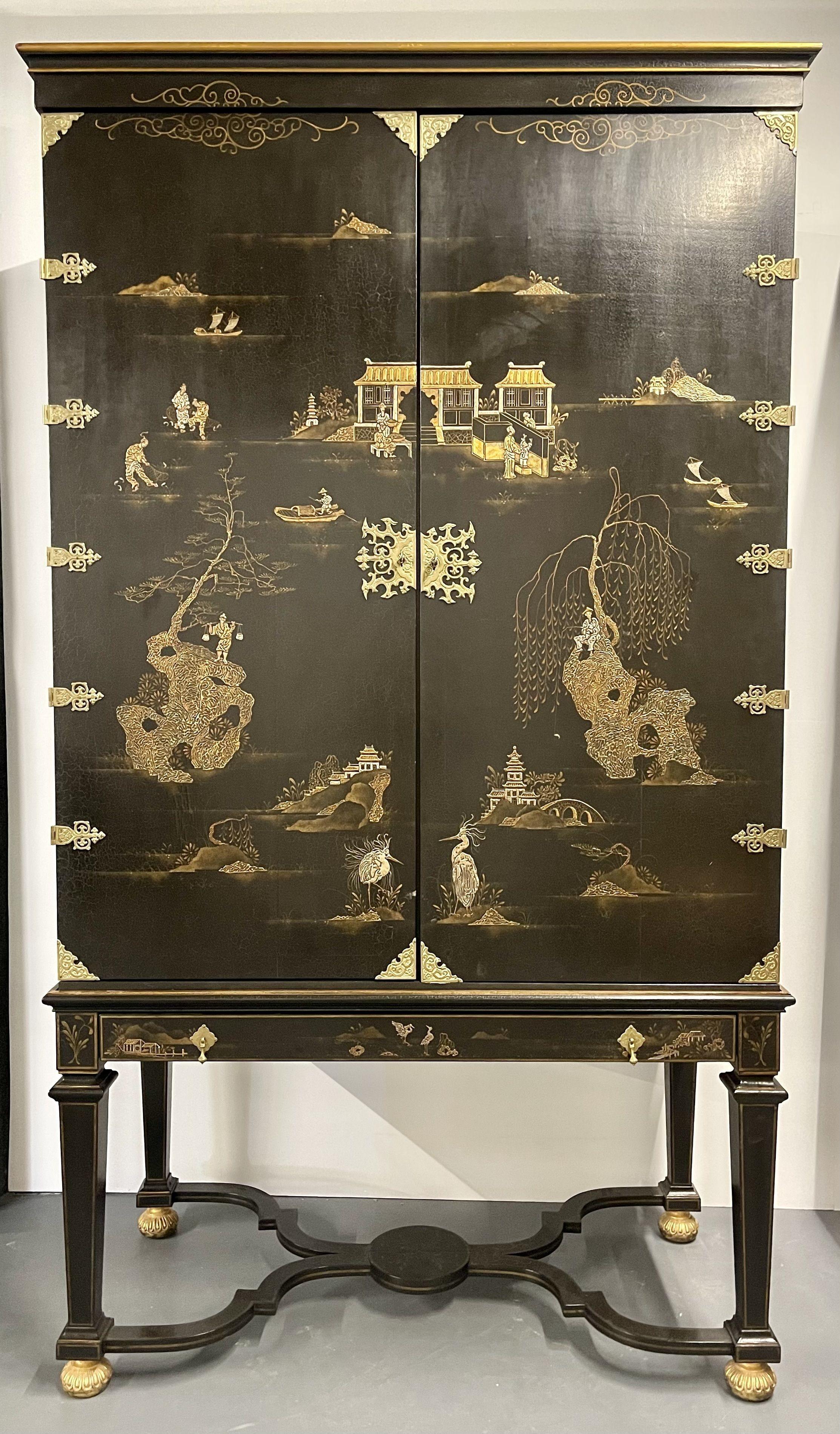 Gold Leaf Pair Griswold Cabinets, Armoire's, Dessin Fournir, Chinoiserie, Palatial For Sale