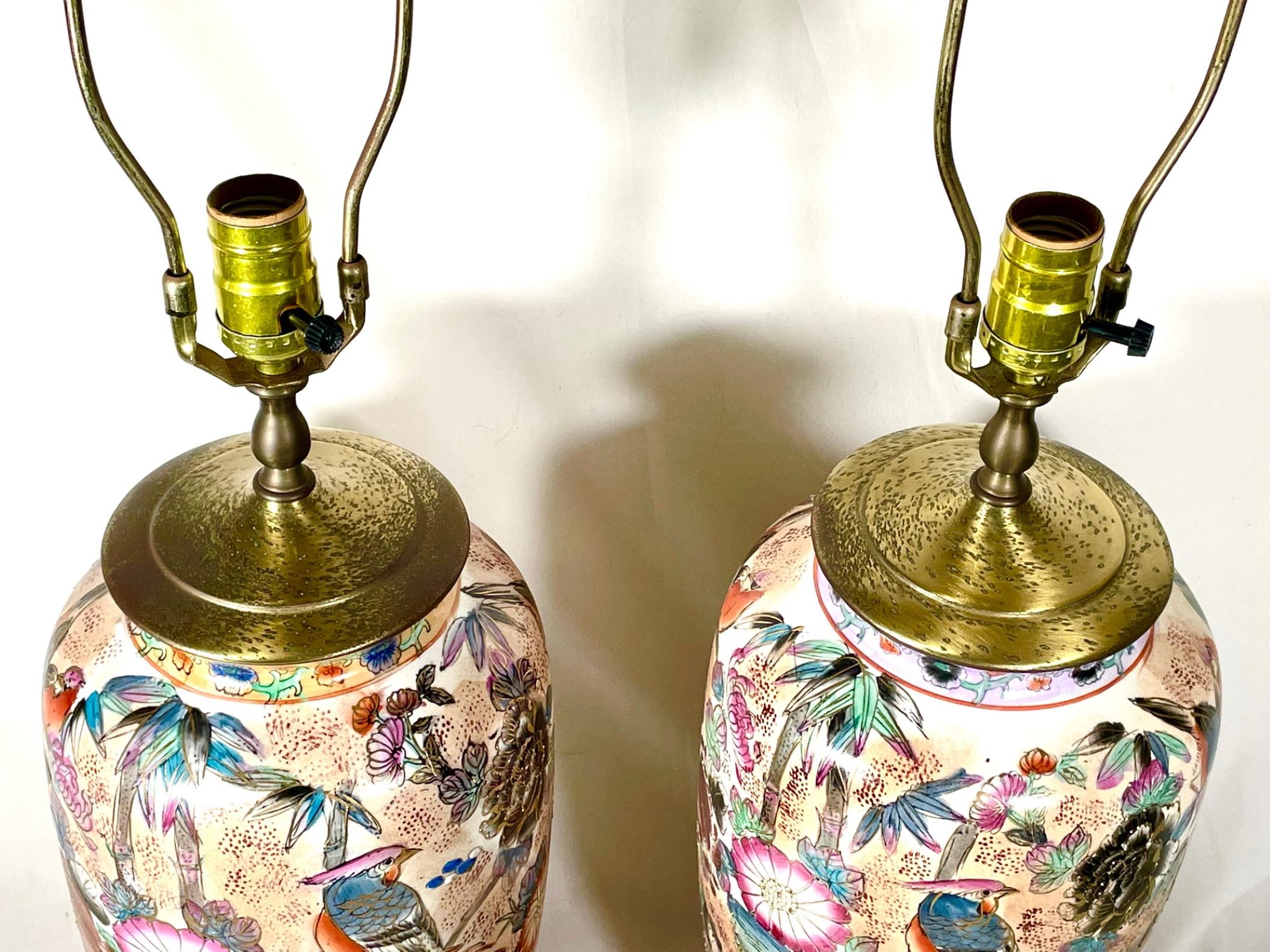 20th Century Pair Chinese Hand Painted Porcelain and Gilt Decorated Pheonix Motif Lamps For Sale