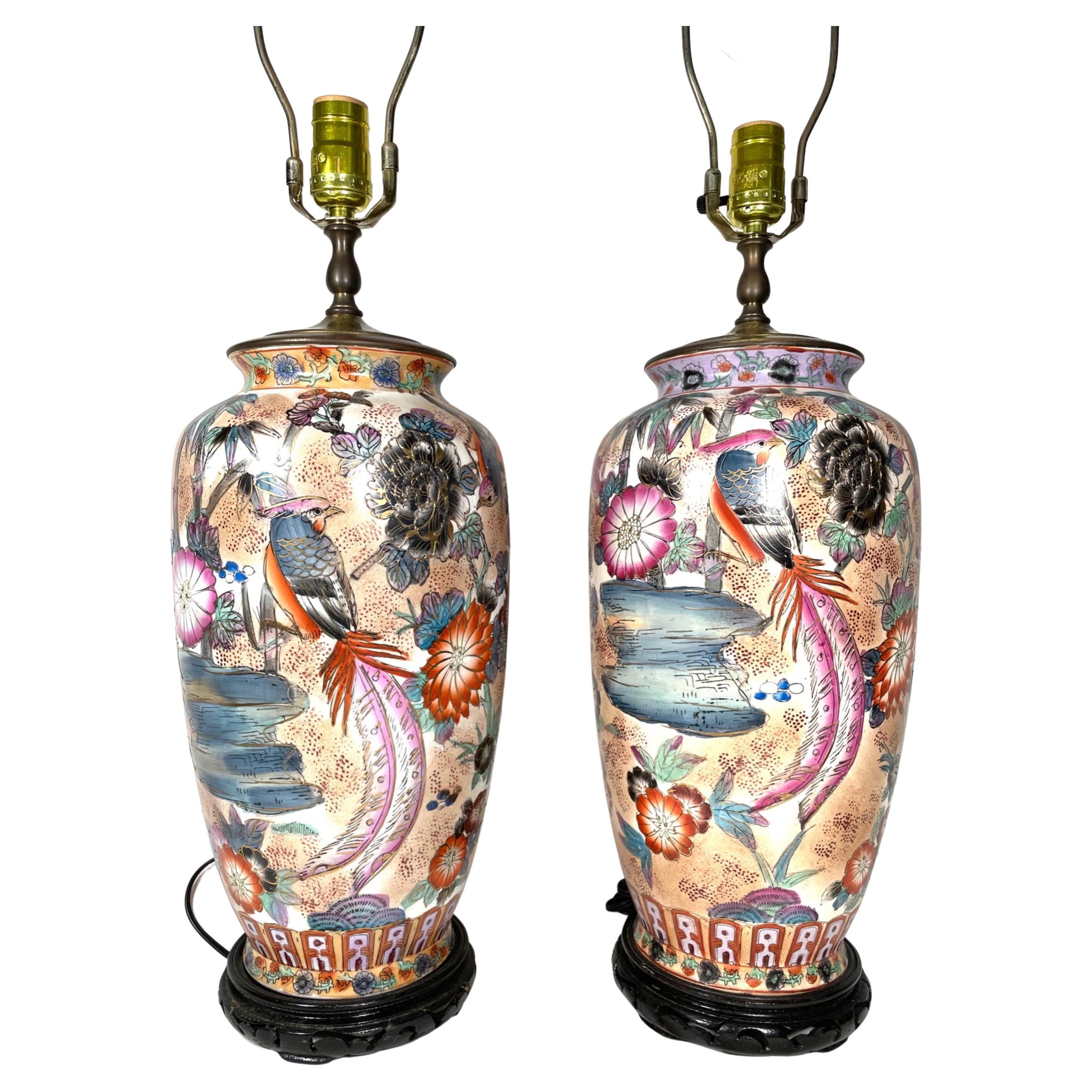 Pair Chinese Hand Painted Porcelain and Gilt Decorated Pheonix Motif Lamps