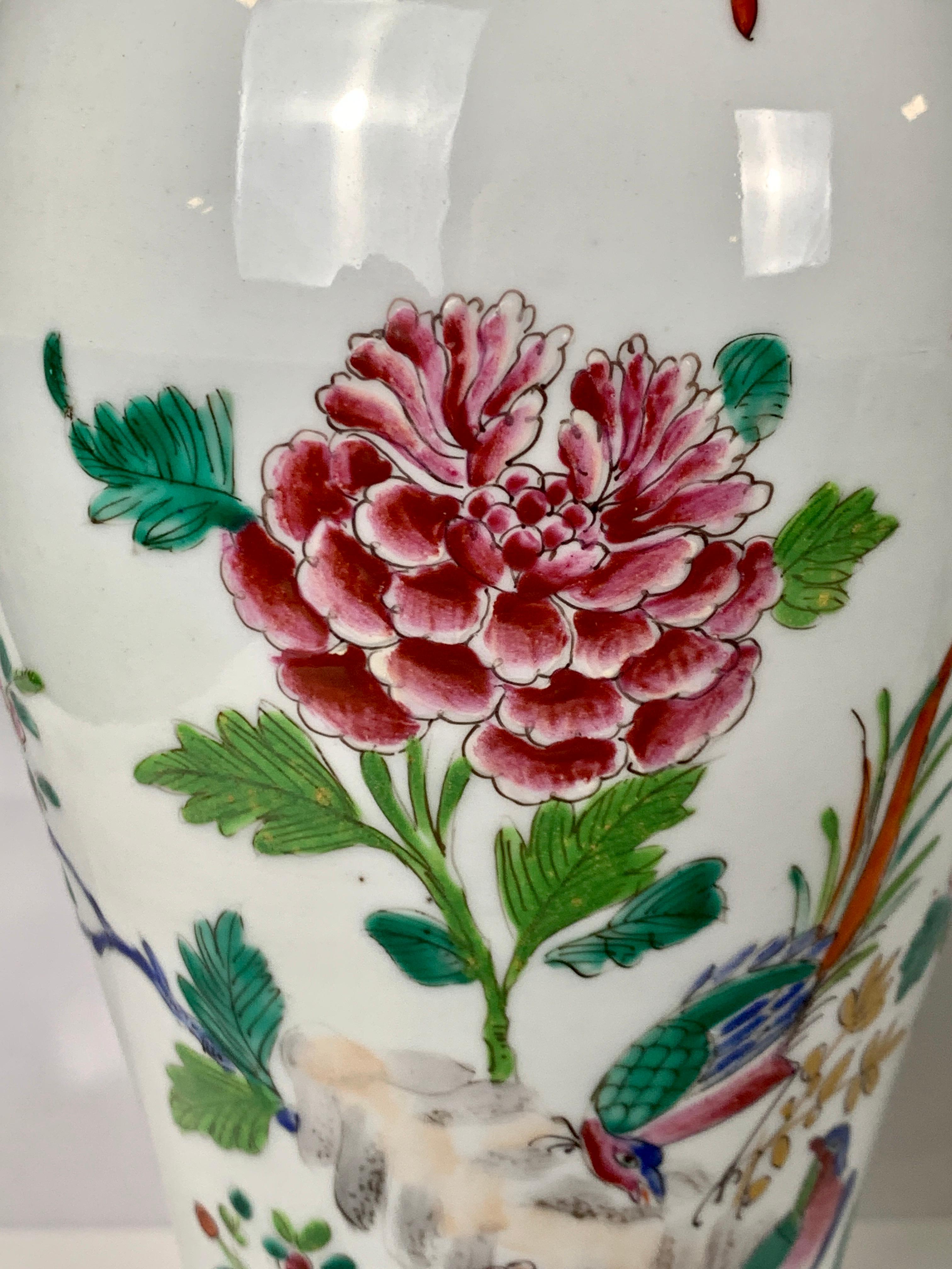 Qing Pair of Chinese Porcelain Mantle Vases in the Famille Rose Palette