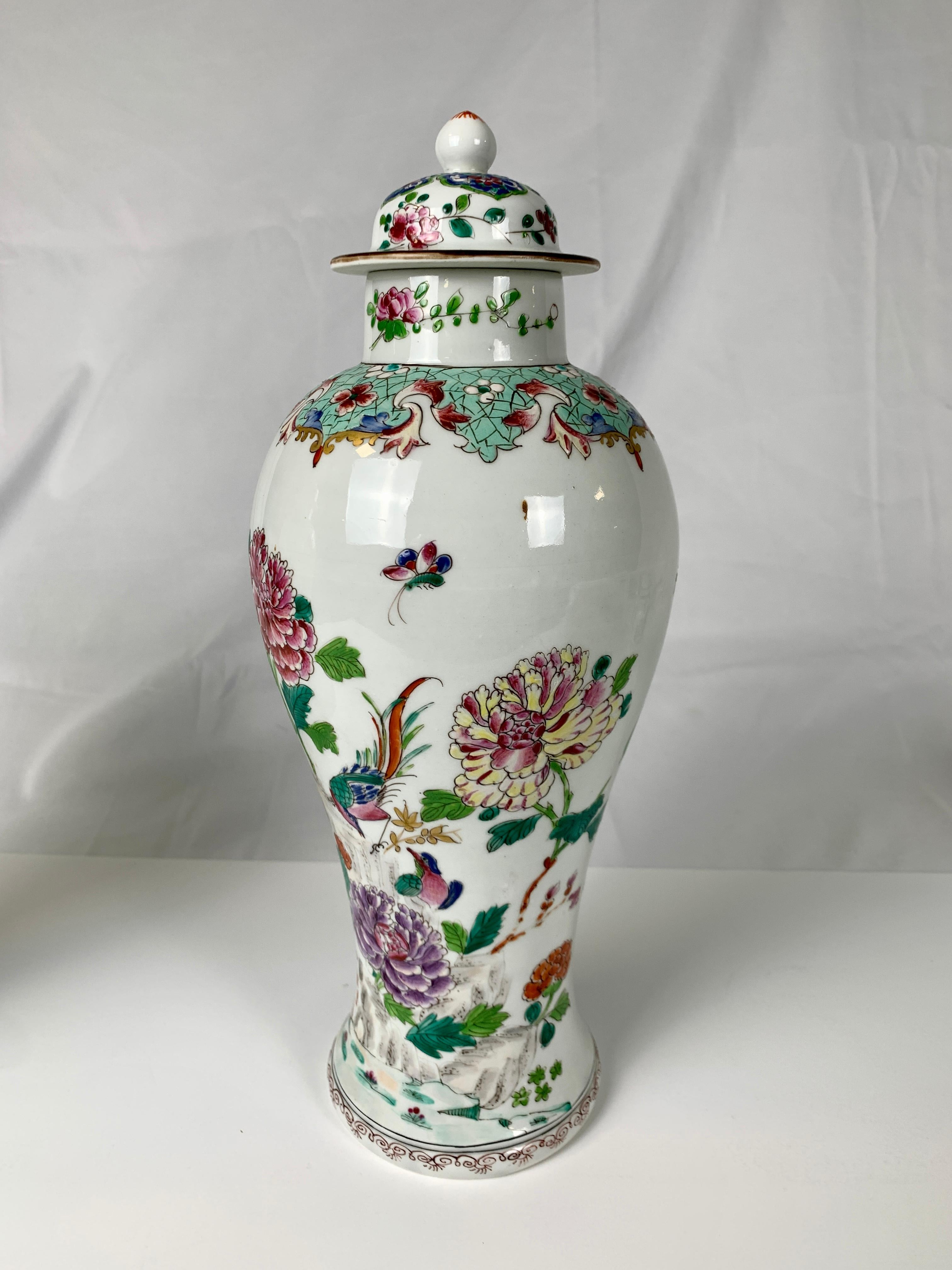 20th Century Pair of Chinese Porcelain Mantle Vases in the Famille Rose Palette